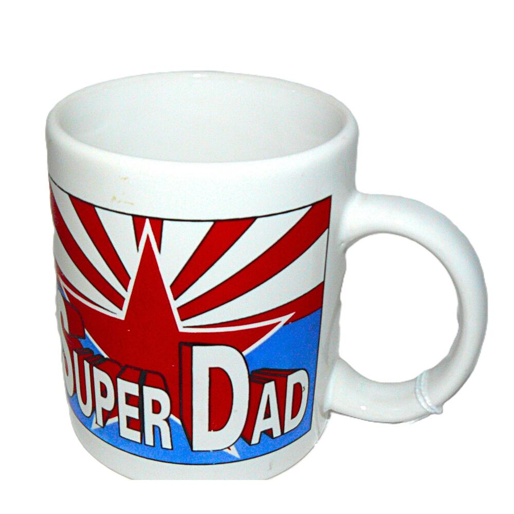 Vintage Super Dad Ceramic Mug by Mr. Mugs Hallandale FL USA 8 oz White Red Blue